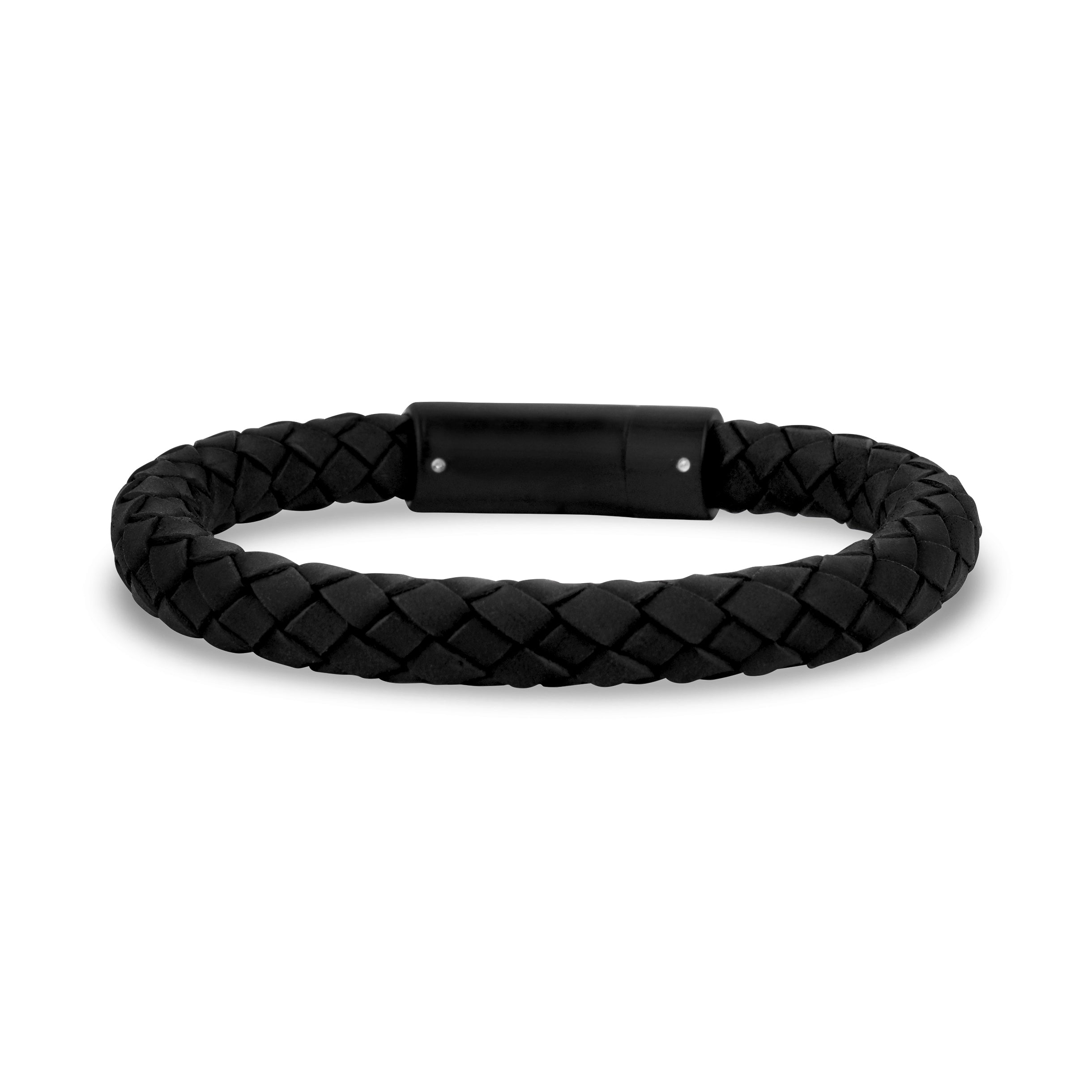 Engravable Thin Black Leather Bracelet with Black Clasp for Mens 8 Inches / Black