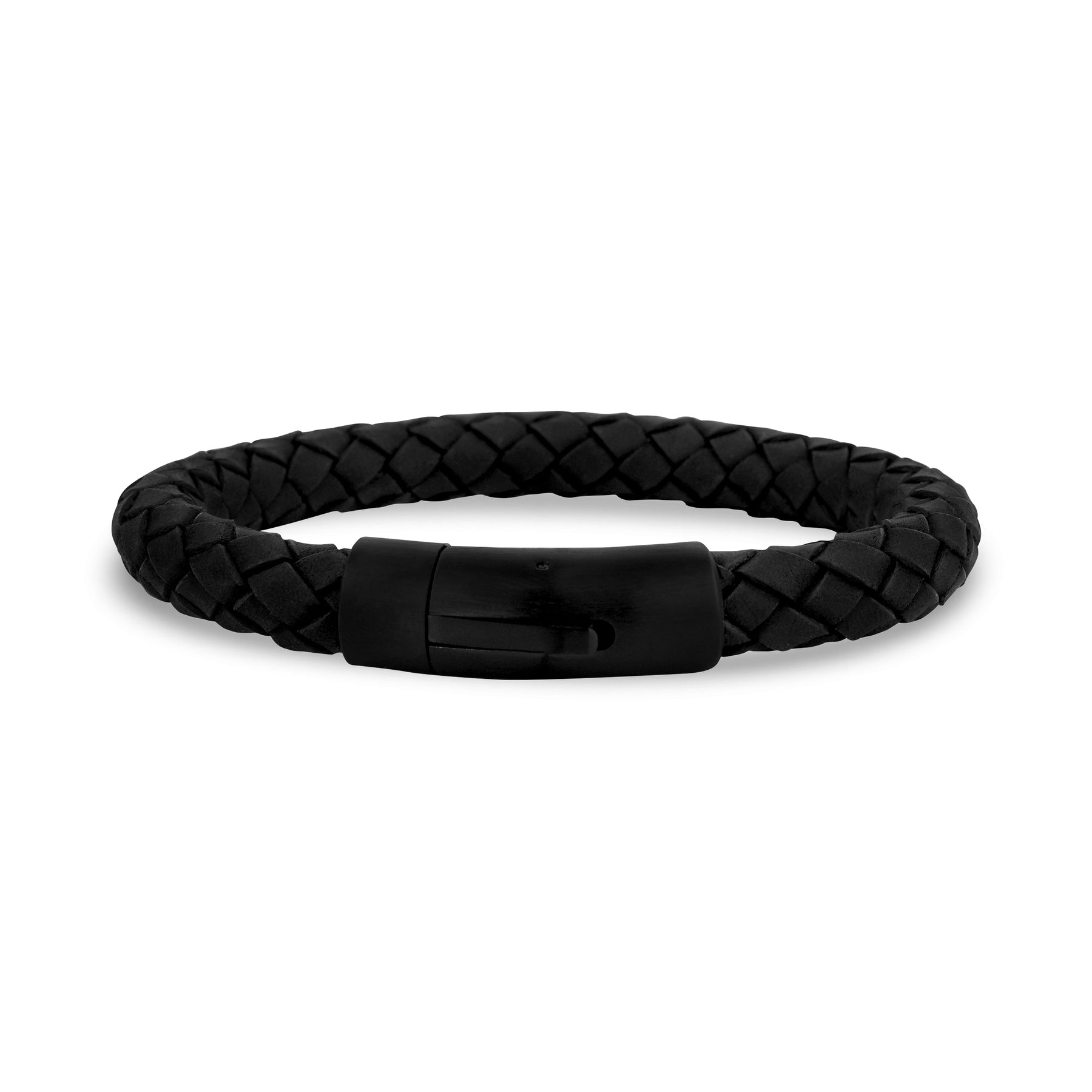 Engravable Thin Black Leather Bracelet with Black Clasp for Mens 8 Inches / Black