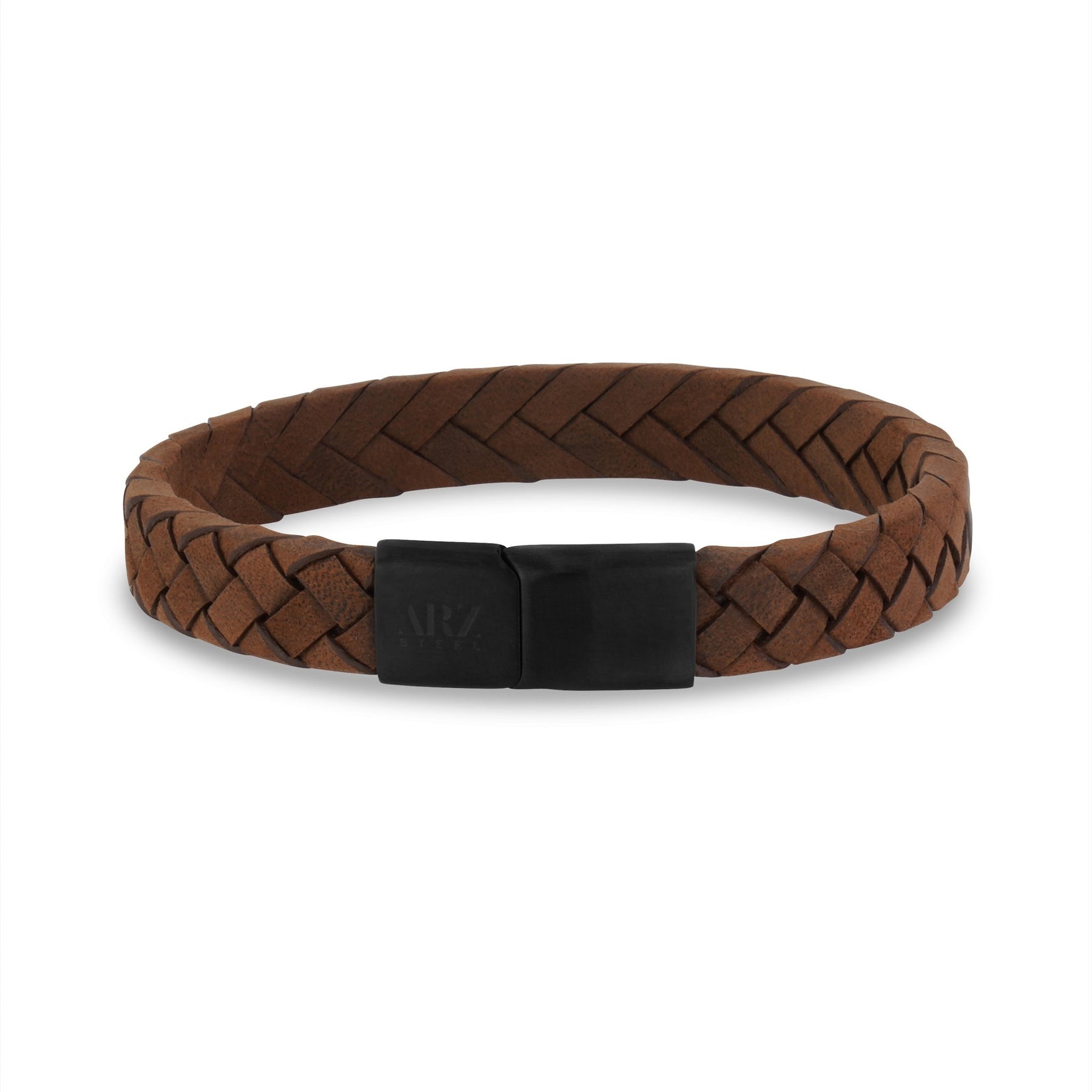 Personalized Mens 10mm Flat Italian Braided Leather Bracelet 7.5 Inches / Black