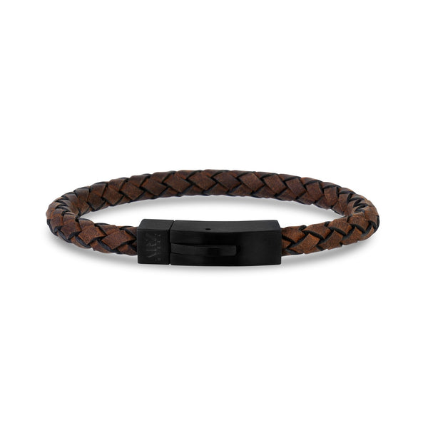 Double Row Black Brown Leather Black Matte Clasp Engravable Bracelet 7.5 Inches / Brown