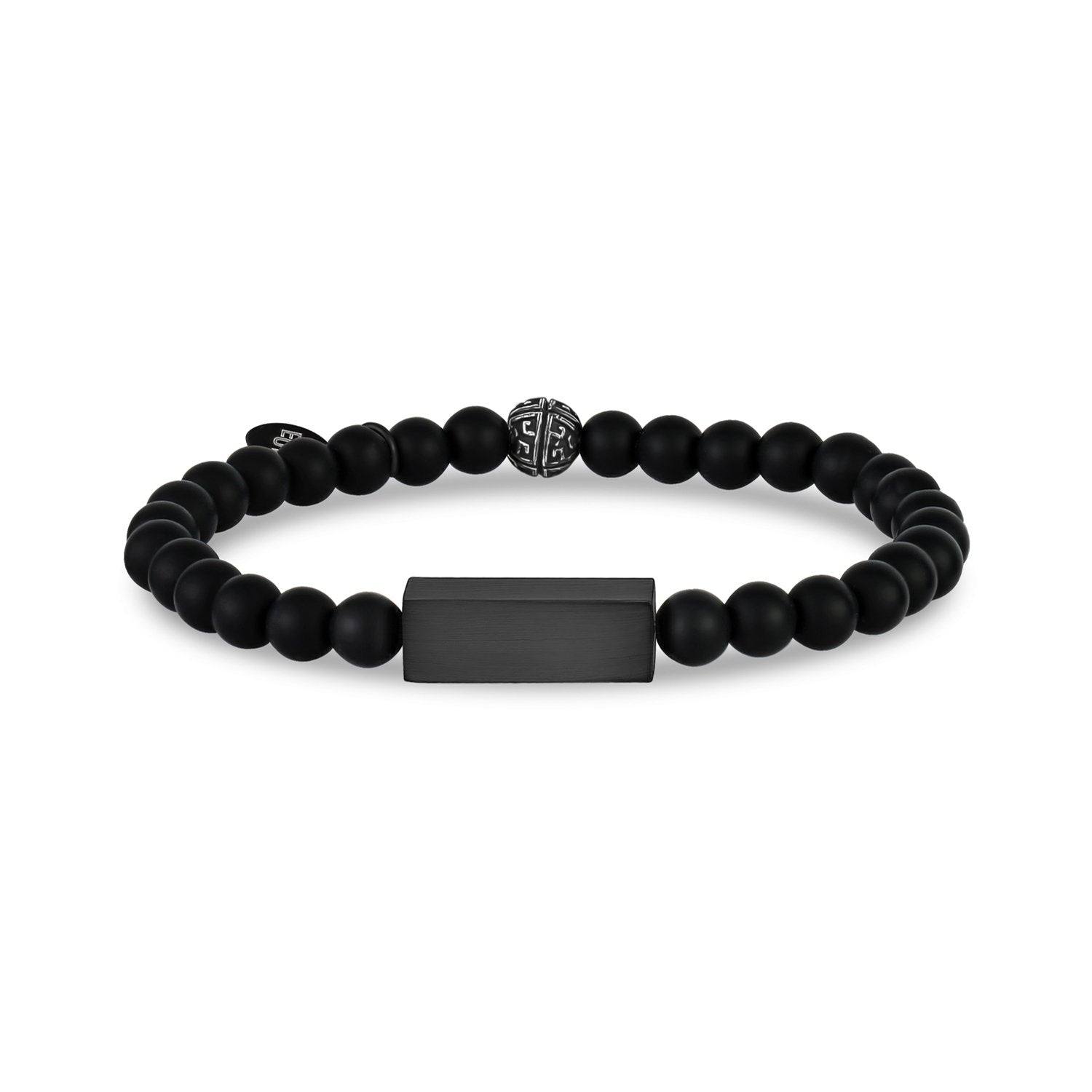 Center polished onyx beaded bracelet with silver skull outlets bead and logo ring